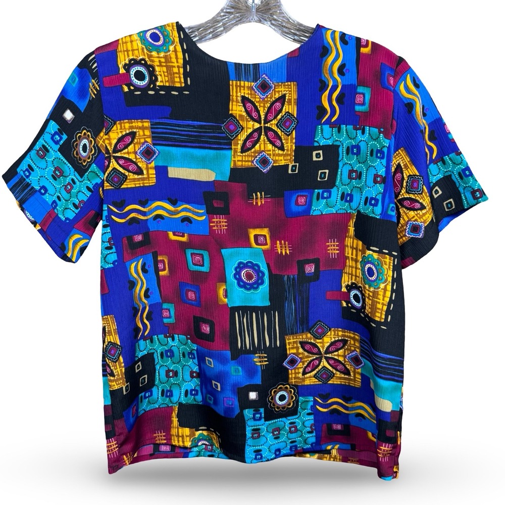 VTG Ship'n Shore 80s Size 8 Women's Blouse Vibrant Patchwork Geometric Bold Blue